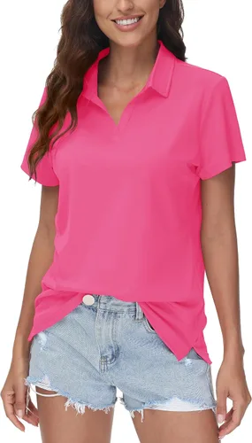 Vista 5 de TACVASEN Polo de manga corta con cuello en V para mujer, con protección solar UPF 50+, secado rápido, para golf