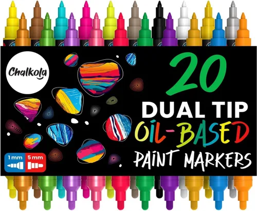 Vista 10 de Chalkola 20 marcadores de pintura acrílica de doble punta, kit de marcadores acrílicos para pintura en roca, lienzo, madera, cerámica, vidrio, tela