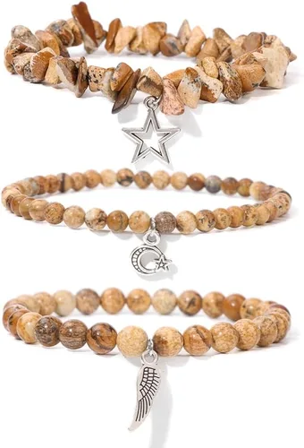 Vista 14 de Juego de 3 pulseras de cuentas de piedra natural para mujeres y hombres, estrellas y luna, alas de ángel, juego de pulseras curativas de reiki