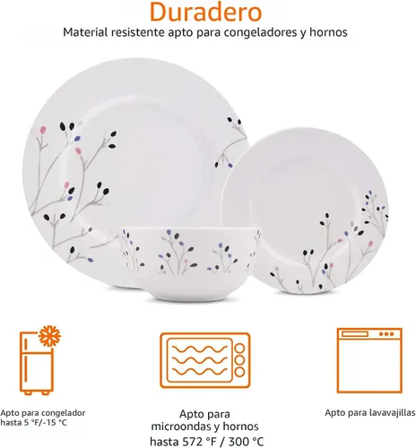 Vista 3 de Amazon Basics Juego de vajilla, Apto para microondas y lavavajillas, Servicio para 6, Cocina completa de 18 piezas, Platos, fuentes, cuencos, ramas