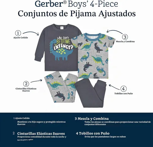 Vista 5 de Gerber Conjunto de pijama de 4 piezas para bebé niño Oso Gris