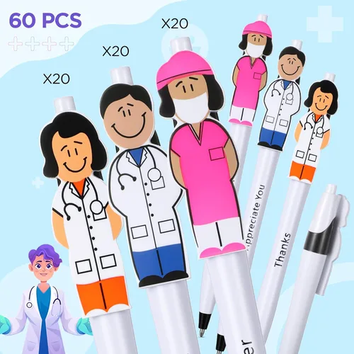 Vista 3 de 60 bolígrafos lindos para enfermera y lindo bolígrafo de doctor, 3 estilos de agradecimiento y cuidado de 0.039 in, divertidos bolígrafos de tinta