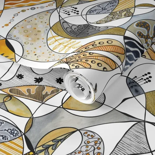 Vista 2 de Muestra de papel tapiz extraíble - Línea Gris Amarillo Grande Negro Blanco Hojas Círculos Puntos Papel pintado personalizado pre-pegado por