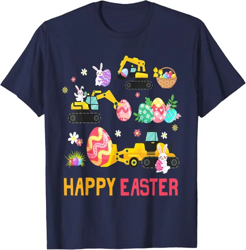 Vista 17 de Kids Happy Easter Construction Crane Truck Boys Toddler T-Shirt Negro