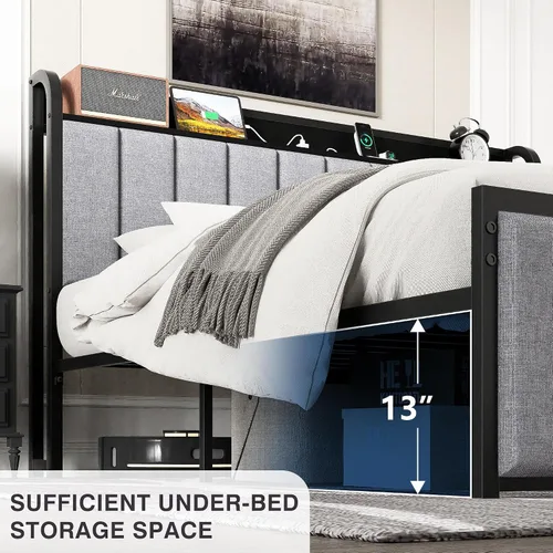 Vista 4 de VECELO Queen Bed Frame, Storage Upholstered Headboard with Charging Station, Platform Bedframe, Heavy Duty Metal Slats, No Box Spring Needed