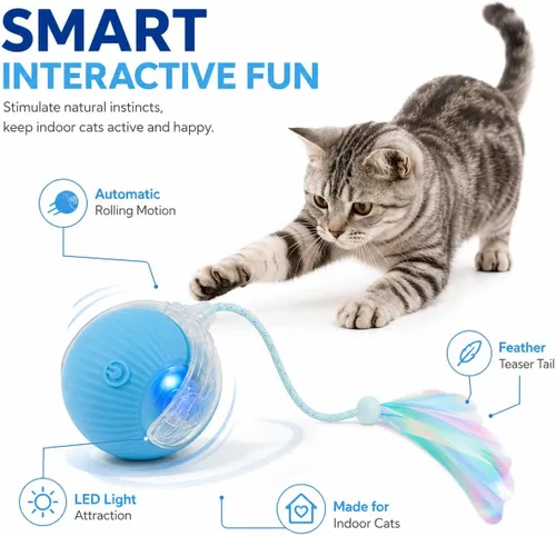 Vista 2 de Pelota de juguete interactiva para gatos con luces LED – Teaser automático recargable USB-C para gatos y gatitos de interior, divertido juguete