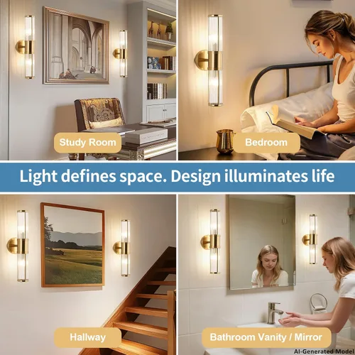 Vista 2 de Lámpara de tocador moderna de latón cepillado, 1 unidad, aplique de pared de doble varilla de vidrio para baño, base de candelabro E12 de doble