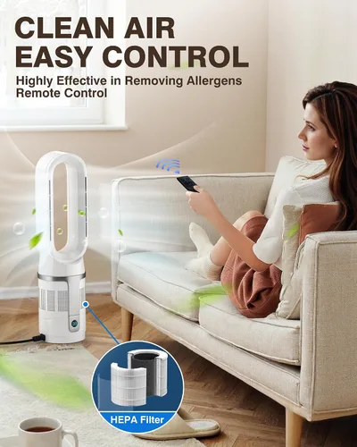 Vista 2 de PYY Combo de calentador y ventilador: ventilador de torre sin aspas y calentador con filtro, con 8 velocidades, control remoto/táctil, uso durante