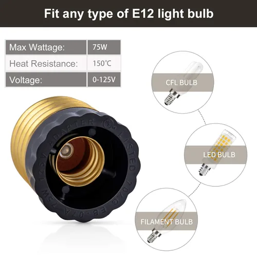 Vista 4 de DiCUNO Adaptador de enchufe E26 a E12 con certificación UL, negro, estándar (mediano) base E26 a candelabro E12 convertidor de enchufe de luz