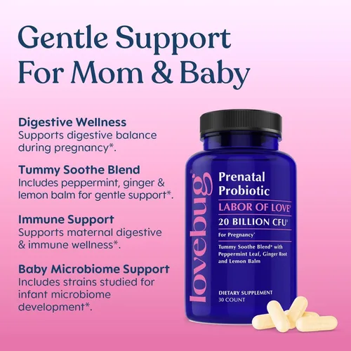 Vista 3 de LOVEBUG Probiótico prenatal Ayuda con las náuseas, la acidez estomacal y la digestión Ayuda al microbioma del bebé Variedad múltiple de 20 mil