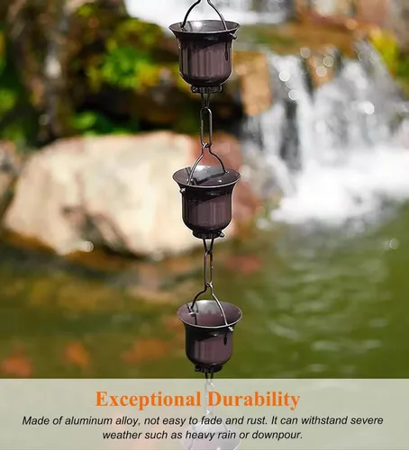 Vista 4 de Rainwater Catcher Rain Chain Rust-Resistant, Aluminum Alloy Cups Rain Catcher for Downspout, Courtyard Garden Sheds Deck Rain Chimes(Black,1m