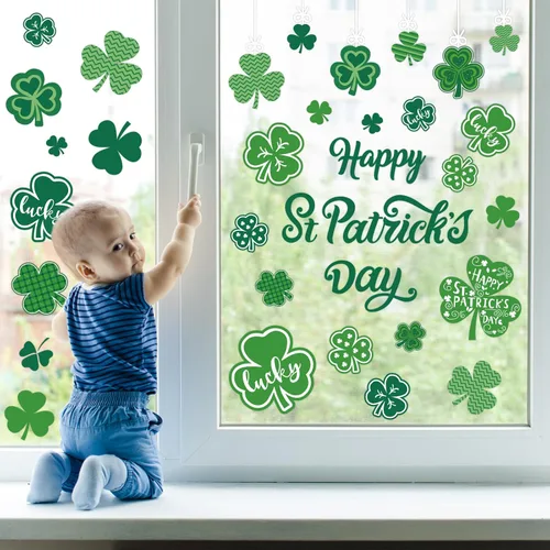 Vista 3 de Whaline Adhesivos de Ventana Felices del Día de San Patricio Pegatinas Verdes de Trébol Adhesivos de Vidrio de Trébol Afortunado de Doble Cara