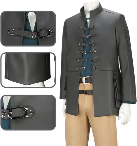 Vista 2 de Disfraz de bardo para hombre, chaqueta medieval, gótica, renacentista, camisa de manga larga, pantalones de cintura para Halloween, cosplay, trajes