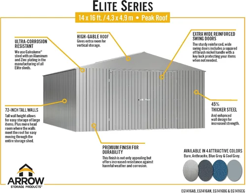 Vista 10 de Arrow Shed Elite - Cobertizo de almacenamiento de acero para exteriores de 14 x 16 pies de alto con puertas altas y puertas con cerradura