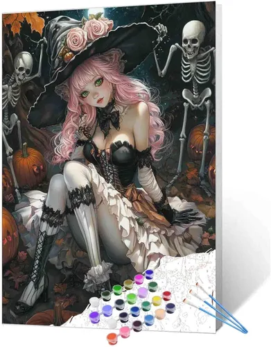 Vista 6 de Tucocoo Decoración del Día de los Muertos, pintura por números, esqueleto para parejas, pintura por números sobre lienzo con pinceles y pigmento