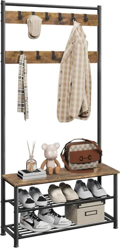 Vista 10 de Yaheetech Perchero, árbol de pasillo con banco de zapatos, almacenamiento de zapatos de entrada con perchero, 9 ganchos móviles, muebles de entrada