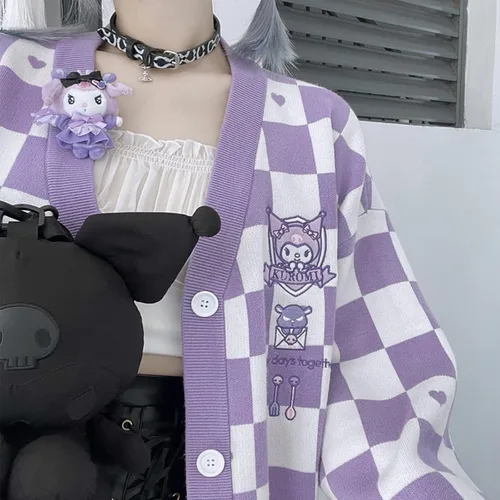 Vista 5 de Kawaii Button Knitted Outerwear Women's Japan Cute Cardigan Plaid Sweater Kawaii Jk Uniform Cardigan Sweater Cosplay Sweater
