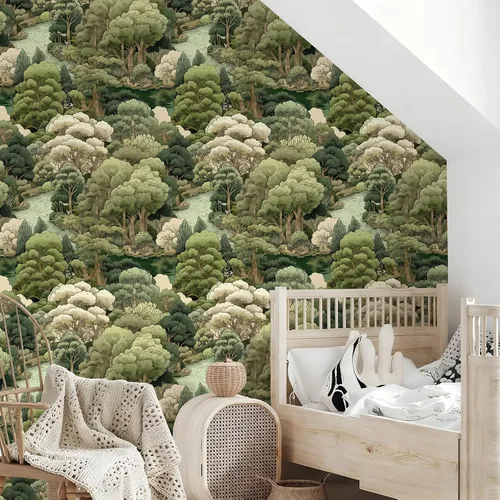 Vista 6 de Papel Tapiz de Bosque Vintage Despegar y Pegar Removible Naturaleza Botánico Árbol Río 17.7" x 118.11" Papel de Pared Acuarela Autoadhesivo Papel