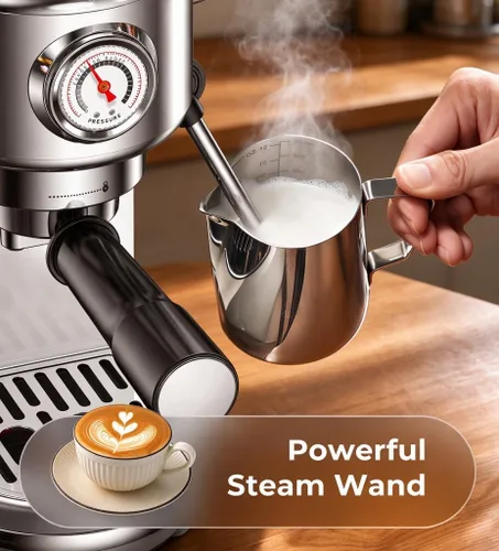 Vista 4 de atatix Máquina de café expreso 20 bar con espumador de leche Tono plata
