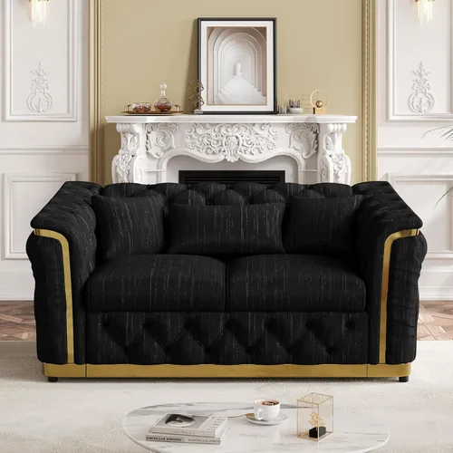Vista 26 de Sofá Chesterfield de terciopelo de 62.5 pulgadas con respaldo copetudo y detalles dorados, beige Blanco