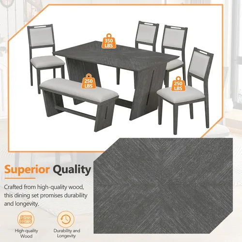 Vista 5 de Merax Juego de comedor retro de 6 piezas, 1 mesa rectangular con base de mesa trapezoidal estable y 4 sillas tapizadas y 1 banco para comedor