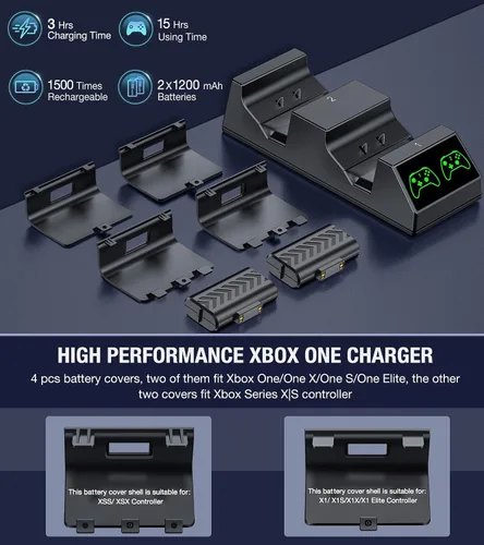 Vista 2 de Estación de carga de control para Xbox One estación de carga para Xbox One Controller paquete de batería de 2 x 1200 baterías recargables