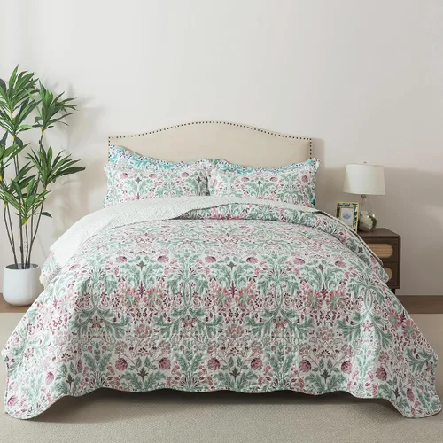 Vista 13 de Juego de cama de dos piezas, tamaño individual, de microfibra, reversible, de retazos, estilo floral, todas las estaciones, patrón de porcelana azul