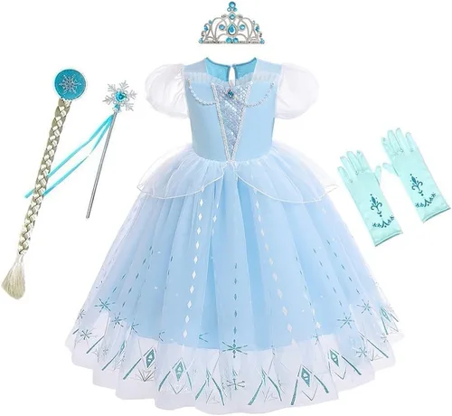 Vista 12 de Frozen - Vestido de princesa Elsa para niñas, disfraz de Halloween, Navidad, cumpleaños, fiesta, vestido de tul con accesorios