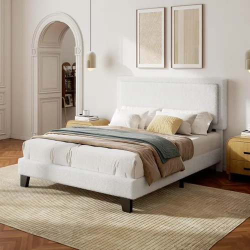 Vista 12 de Base de cama Queen con cabecera ajustable, cama plataforma Boucle Cloud con listones de madera, base de colchón, no necesita somier, fácil montaje