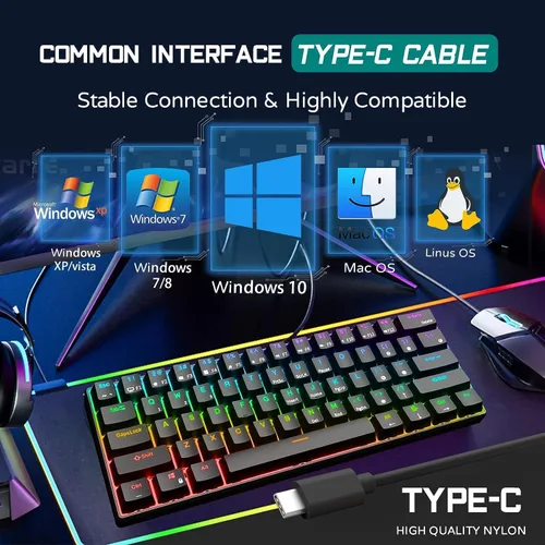 Vista 6 de RK ROYAL KLUDGE RK61 Teclado mecánico para juegos con cable al 60% programable QMK/VIA RGB retroiluminado 61 teclas Ultra-compacto interruptor rojo