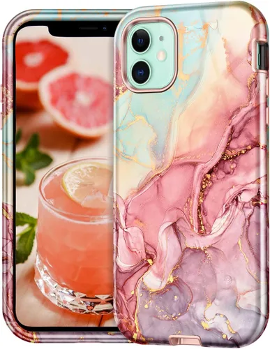 Vista 2 de CASEFIV Funda compatible con iPhone 11, patrón de mármol 3 en 1, resistente a prueba de golpes y caídas, cuerpo completo, policarbonato duro