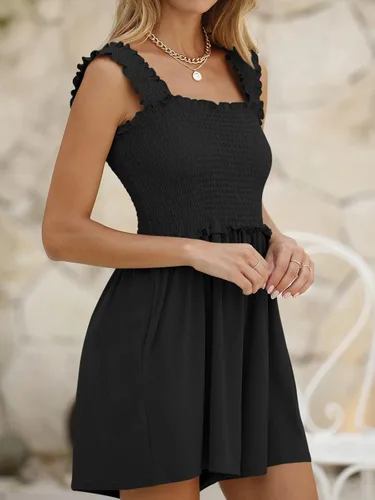 Vista 3 de DEEP SELF Mameluco de verano sin mangas para mujer, cuello cuadrado, tirantes con volantes, con bolsillos