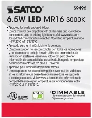 Vista 5 de Satco Lighting - Bombillas LED MR16 de bajo voltaje regulables de 6.5 W, blanco suave de 3000 K, ángulo de haz de 40 grados, base GU5.3, 12 voltios