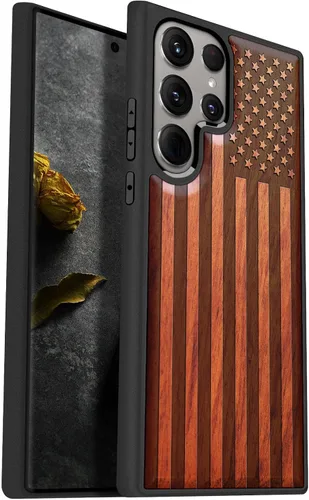 Vista 13 de Carveit Funda de madera para Galaxy S24 Ultra, bandera americana Bandera americana-Madera oscura