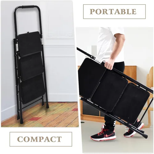 Vista 3 de Wiberwi 3 Step Ladder Folding Step Stool for Adults with Top Handrail 330 Lbs Capacity, Lightweight & Portable Step 3 Stool Ladders with Wide Pedal