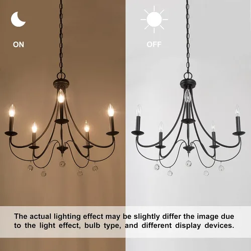 Vista 6 de LOG BARN Lámpara de araña de granja, lámpara negra de 5 luces, moderna lámpara de comedor con colgantes de cristal, 24.5 pulgadas de diámetro