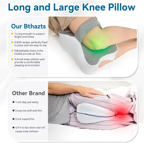 Vista 3 de Almohada larga de rodilla para personas que duermen de lado entre las piernas, almohada de espuma viscoelástica para dormir de lado con correa
