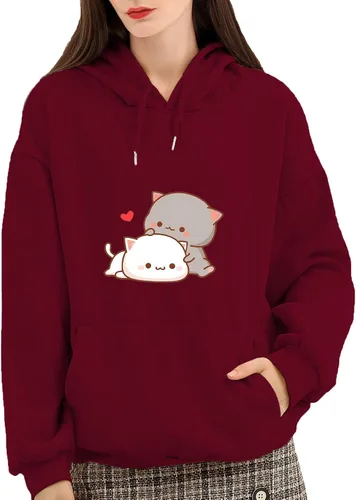 Vista 2 de Sudadera con capucha de algodón para mujer, diseño de gato lindo y casual