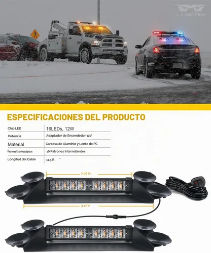 Vista 7 de LUMENIX Barras de Luces Estroboscópicas LED de Emergencia para Salpicadero de Aluminio, Advertencia de Seguridad para Parabrisas Delantero