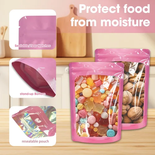 Vista 4 de 100 bolsas de Mylar a prueba de olores, bolsa de embalaje resellable con ventana transparente para almacenamiento de alimentos, bolsas de pie