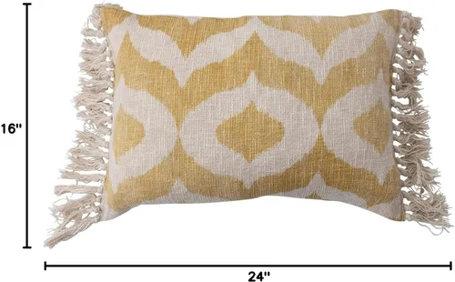 Vista 7 de Creative Co-Op Almohada de algodón con patrón lumbar Ikat y borlas, 16 pulgadas de largo x 24 pulgadas de ancho x 2 pulgadas de alto, amarillo