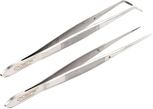 Vista 13 de O'Creme - Pinzas de cocina de acero inoxidable con punta fina Precision plating tongs in purple, 6.25 inches long — ideal for garnishing, plating