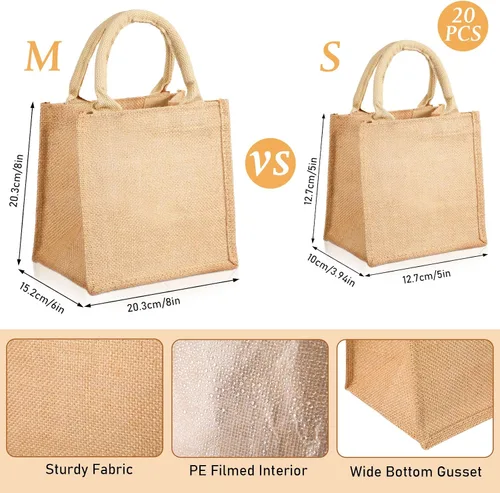 Vista 4 de Silkfly 20 mini bolsas de yute de arpillera con asa, pequeñas bolsas de comestibles reutilizables en blanco
