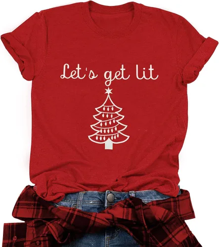 Vista 17 de Camisetas navideñas para mujer Let's Get Lit, camisa con lindo diseño gráfico de luces, manga corta, tops y camisetas de Navidad Gris-Carbón