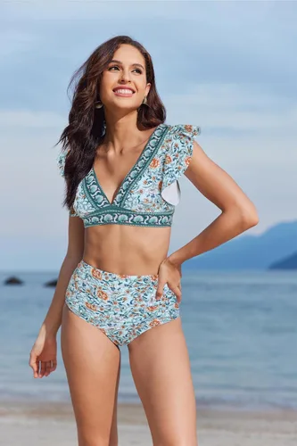 Vista 4 de Traje de baño de dos piezas con holanes y cintura alta para mujer, estampado tropical, traje push up