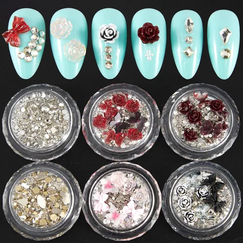 Vista 11 de 6 cajas de dijes de uñas 3D dorados, dijes de arte de uñas con parte trasera plana, joyas de diamantes de imitación para uñas, gemas de uñas