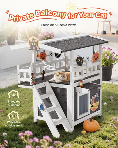 Vista 2 de VEVOR Casa para gatos al aire libre, refugio de madera para gatos de 2 pisos con escaleras y balcón, refugio elevado para gatitos, habitación