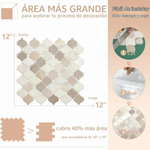 Vista 4 de STICKGOO Arabesque Protector contra Salpicaduras Despegar y Pegar, 12"X12" Azulejo Protector contra Salpicaduras para Cocina Despegar y Pegar Marrón