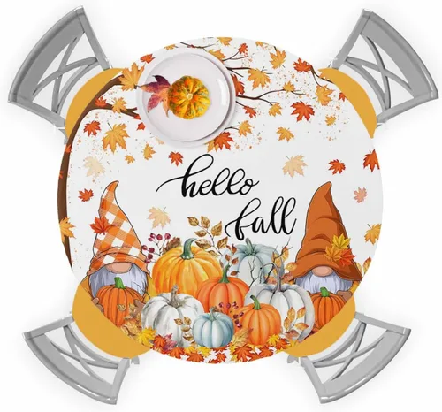 Vista 30 de Mantel ajustado para mesa redonda, mantel de otoño con hojas de otoño y calabaza de Acción de Gracias con borde elástico, mantel impermeable de Beige