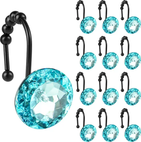 Vista 31 de Sunlit Diseño de Lujo Redondo Aqua Azul Diamante Cristal Gema Bling con Bolas Deslizantes Ganchos para Cortina de Ducha, Anillos para Cortina